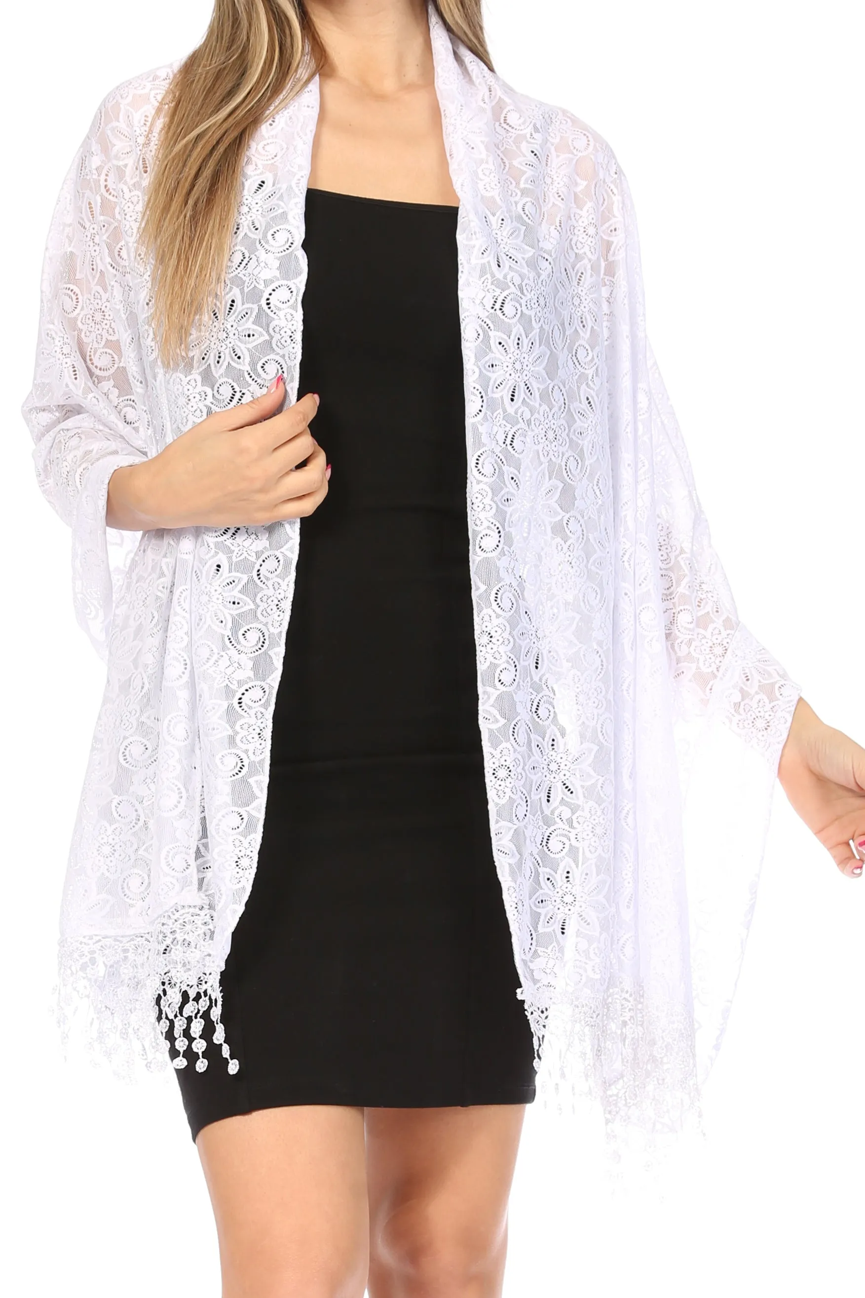 Sakkas Mari Women's Large Lightweight Soft Lace Scarf Wrap Shawl Floral and Fringe