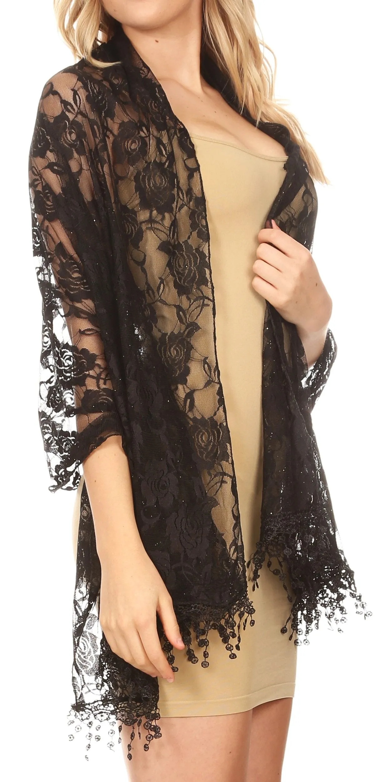 Sakkas Mari Women's Large Lightweight Soft Lace Scarf Wrap Shawl Floral and Fringe