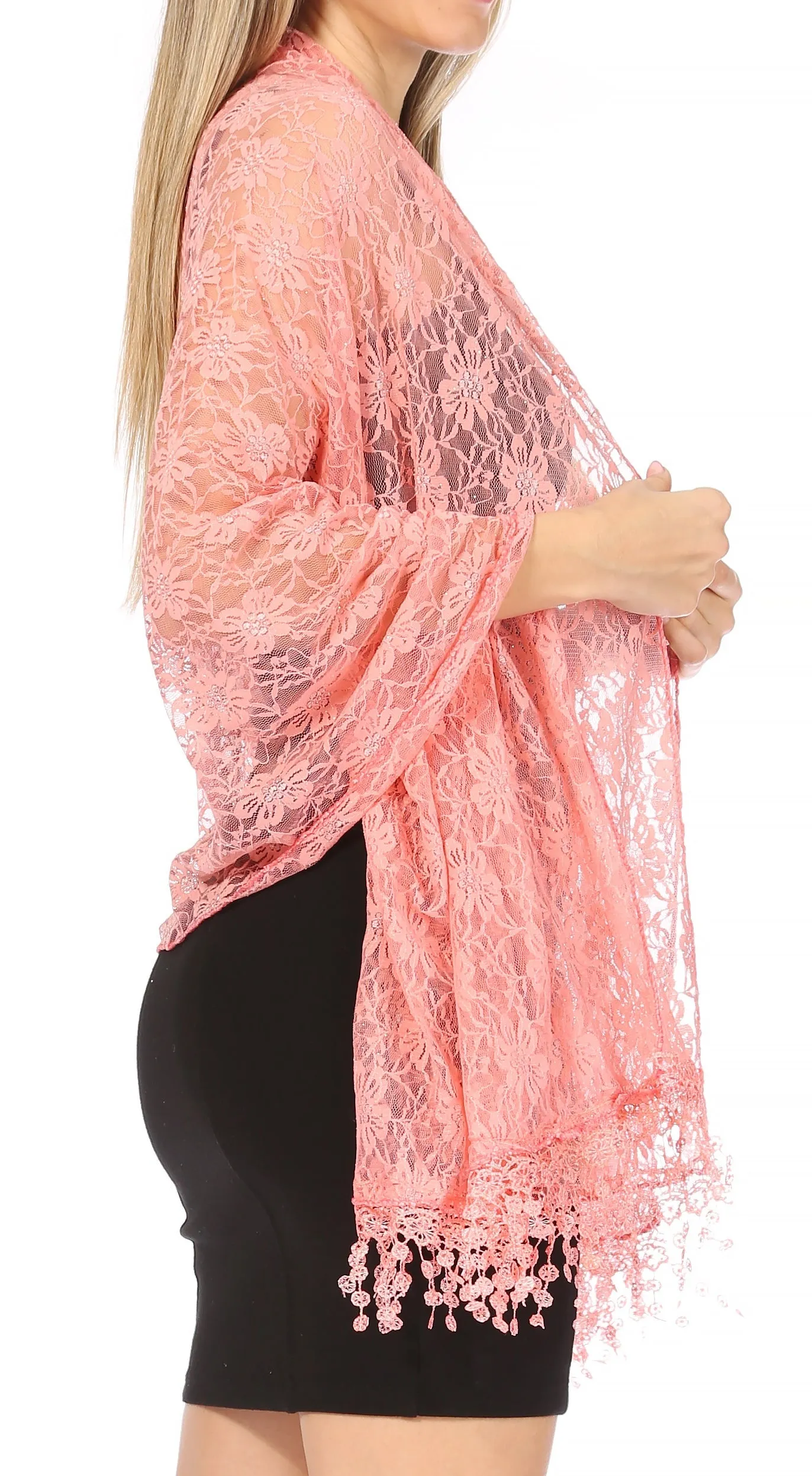 Sakkas Mari Women's Large Lightweight Soft Lace Scarf Wrap Shawl Floral and Fringe