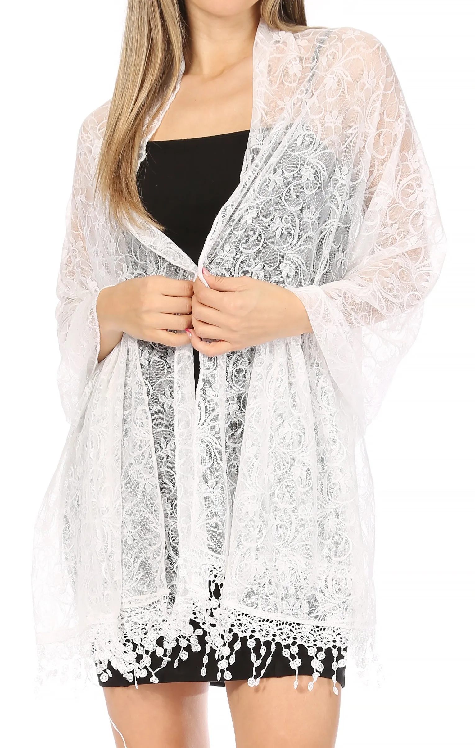 Sakkas Mari Women's Large Lightweight Soft Lace Scarf Wrap Shawl Floral and Fringe