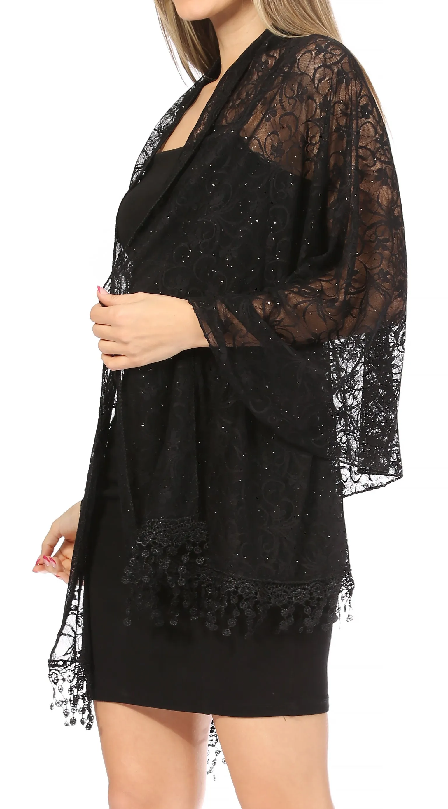 Sakkas Mari Women's Large Lightweight Soft Lace Scarf Wrap Shawl Floral and Fringe