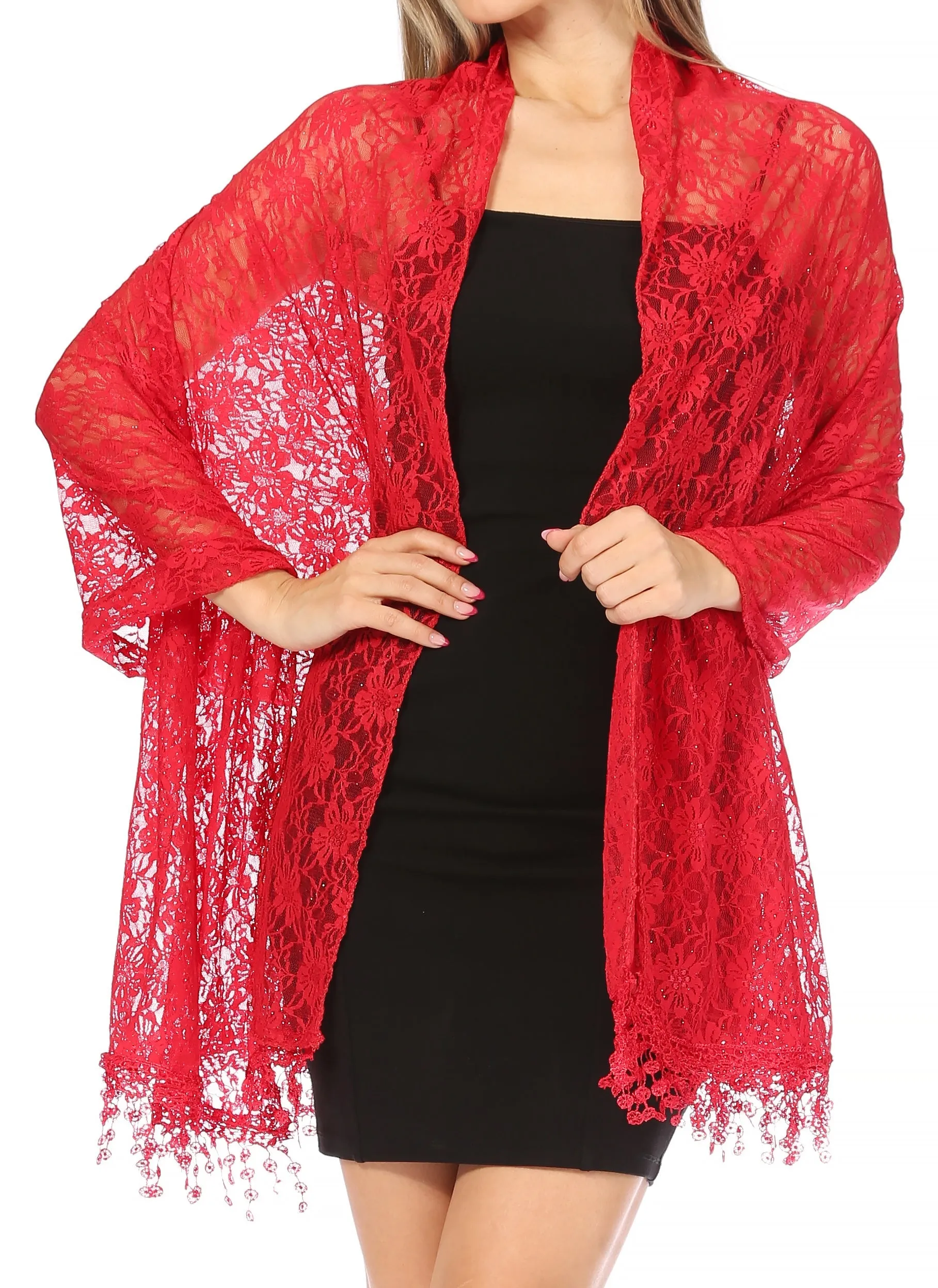 Sakkas Mari Women's Large Lightweight Soft Lace Scarf Wrap Shawl Floral and Fringe