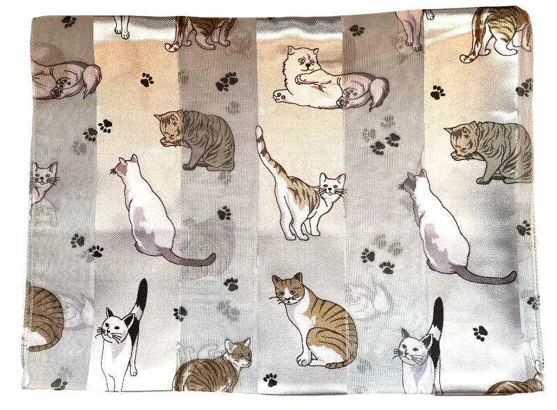 Silver Grey Satin Chiffon Feel Cat Print Scarf