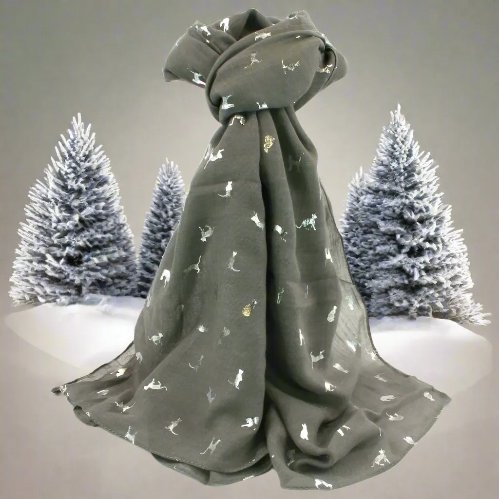 Soft Feel Set of Cat Design Grey Ladies Gloves and Scarf - Gift Set for Her