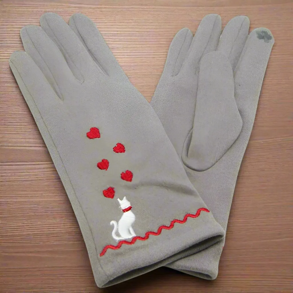 Soft Feel Set of Cat Design Grey Ladies Gloves and Scarf - Gift Set for Her