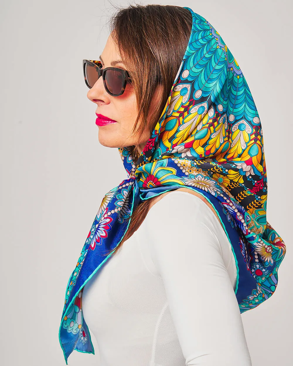 The Flower of Taormina Blue Silk Twill Scarf and Ring