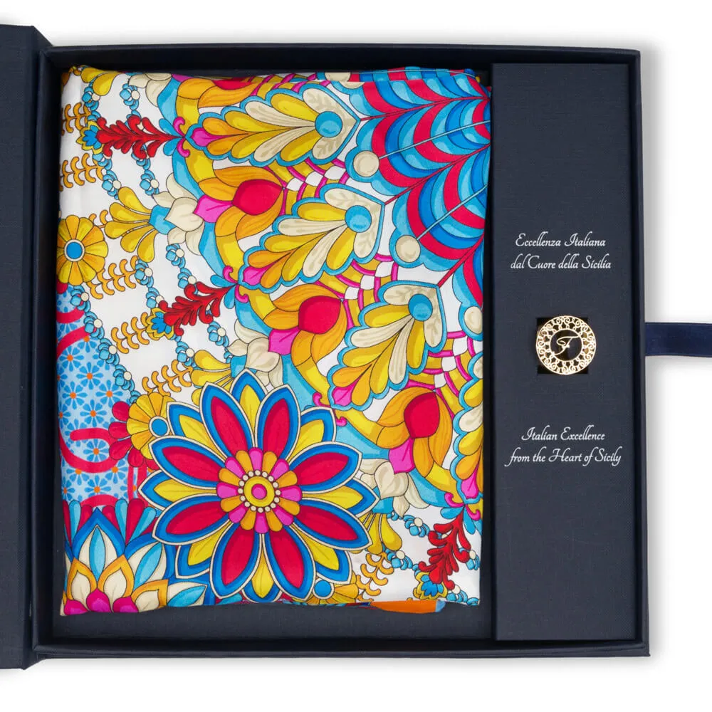 The Flower of Taormina Blue Silk Twill Scarf and Ring