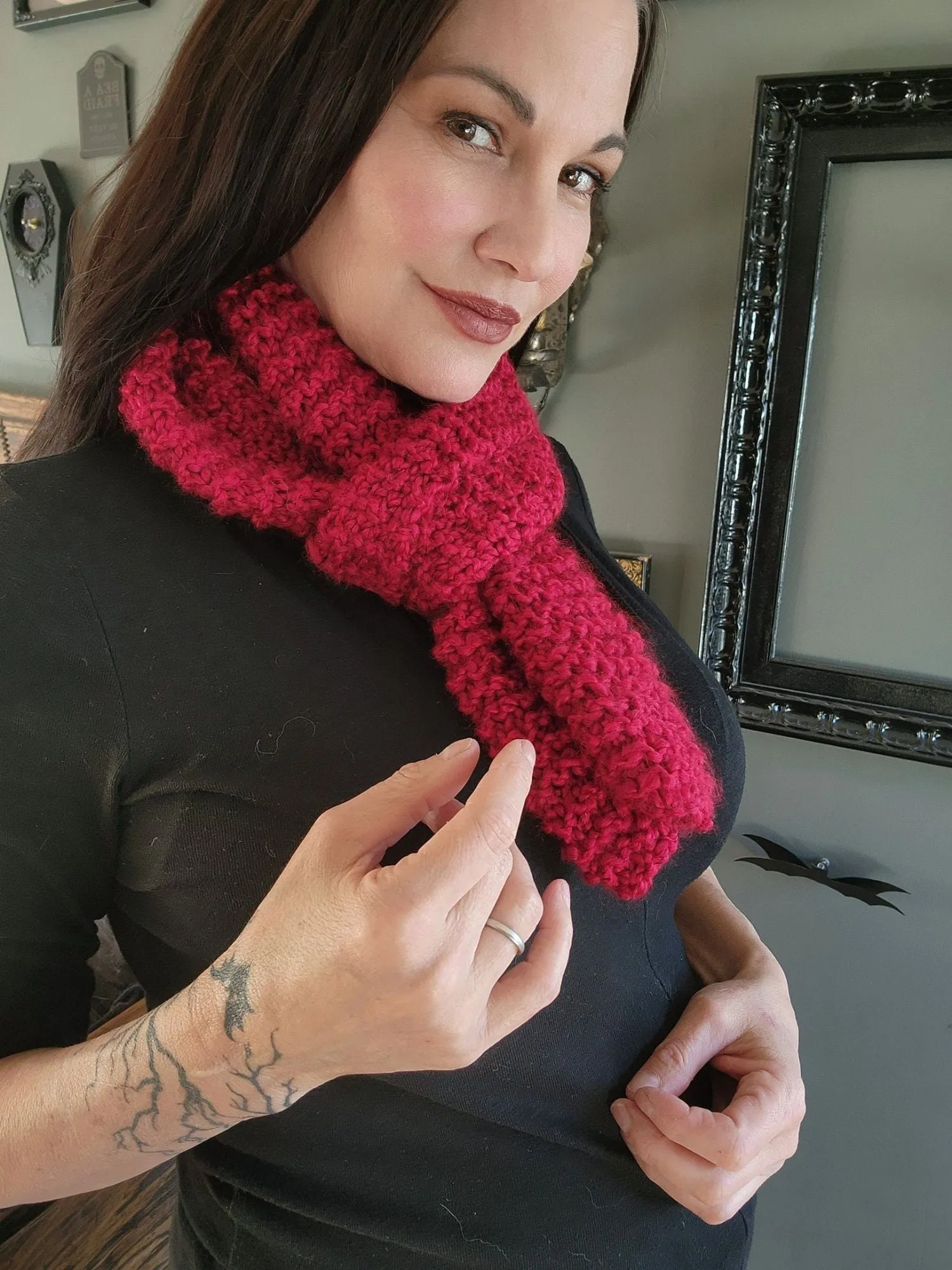 The "Crimson" Knit Scarf in a Chunky Red Boucle Yarn