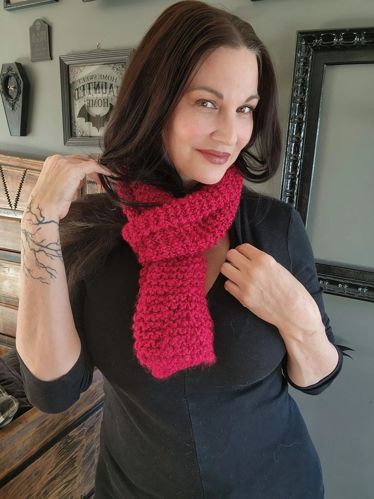 The "Crimson" Knit Scarf in a Chunky Red Boucle Yarn