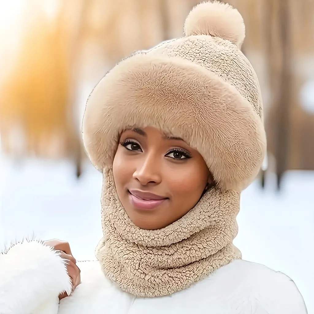 Thick Warm Winter Beanie Hat - Soft Plush Ear Protection, Cozy Neck & Face Cover, One-Piece Scarf Design, Womens Cycling Accessory for Cold Weather - Perfect for Outdoor Activities