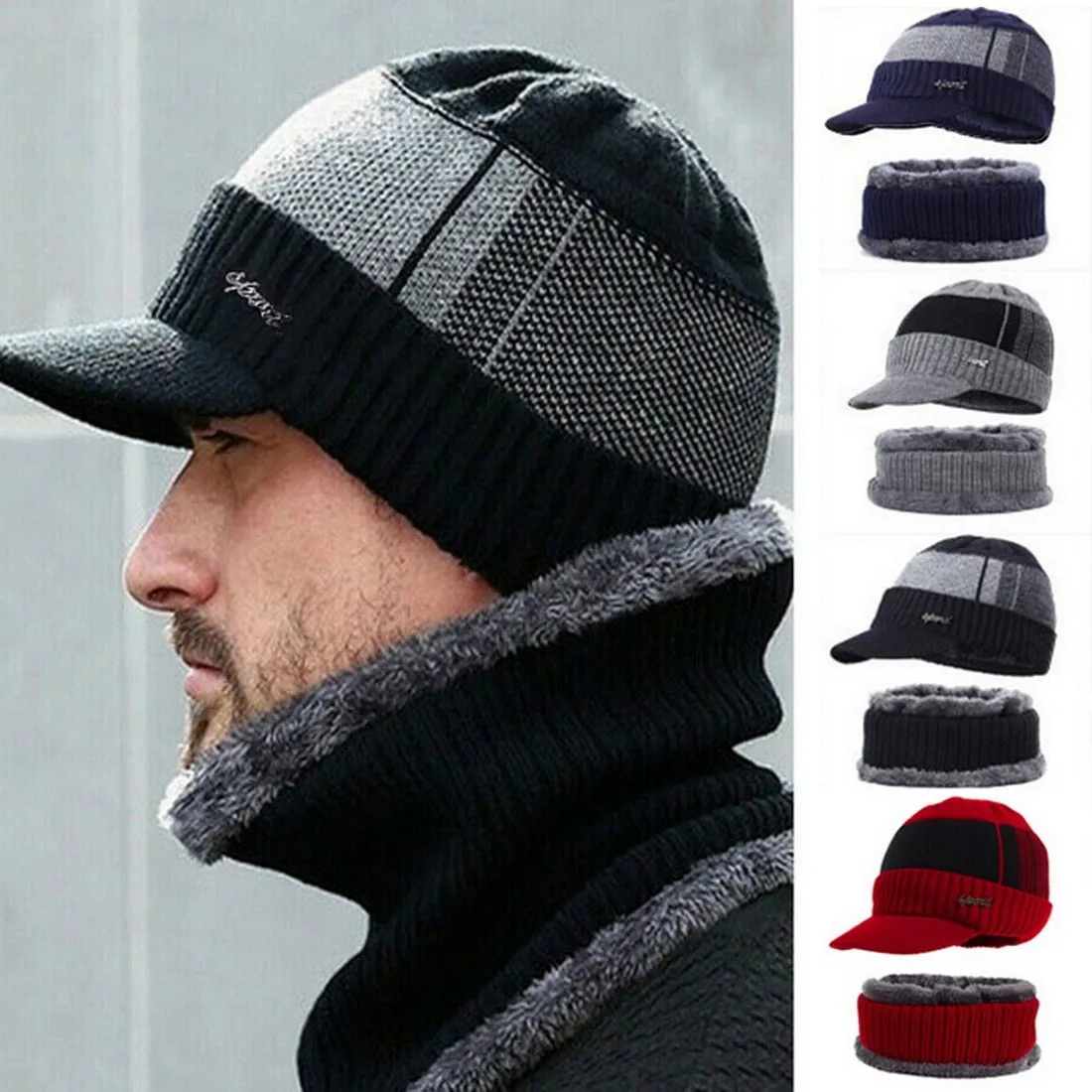 Unisex Winter Beanie Hat and Wool Scarf Caps Sets