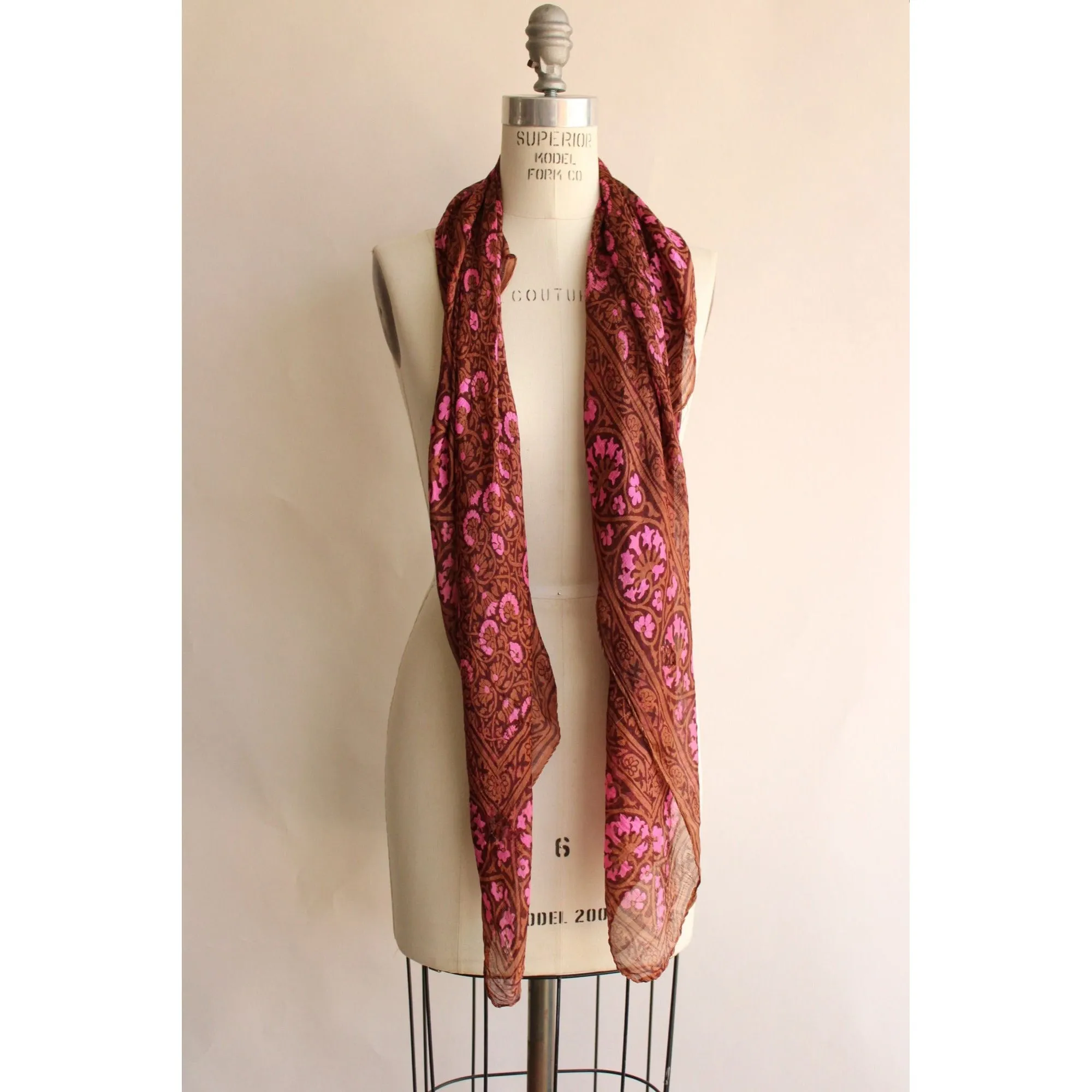 Vintage 1970s 1980s Brown and Pink Silk Scarf