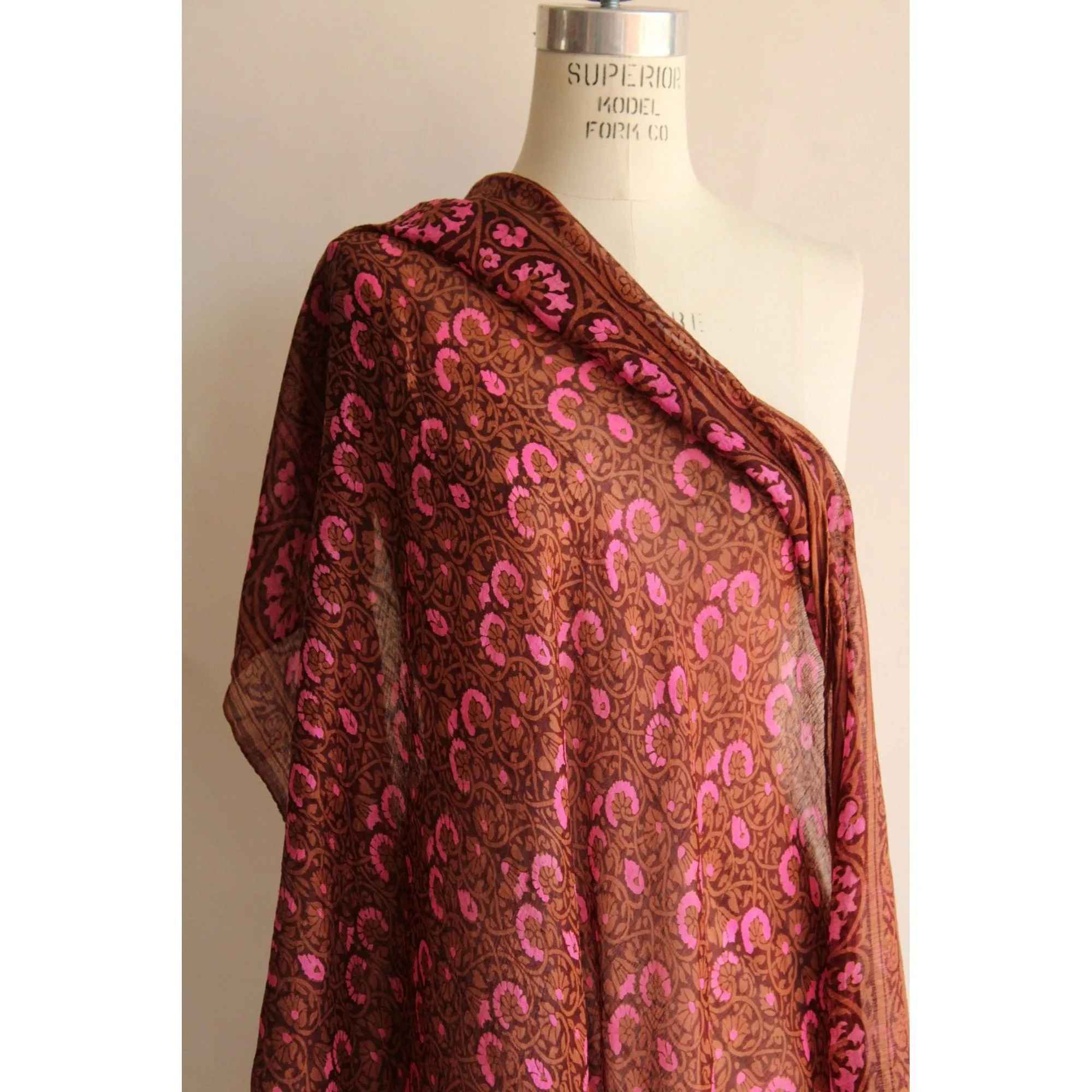 Vintage 1970s 1980s Brown and Pink Silk Scarf