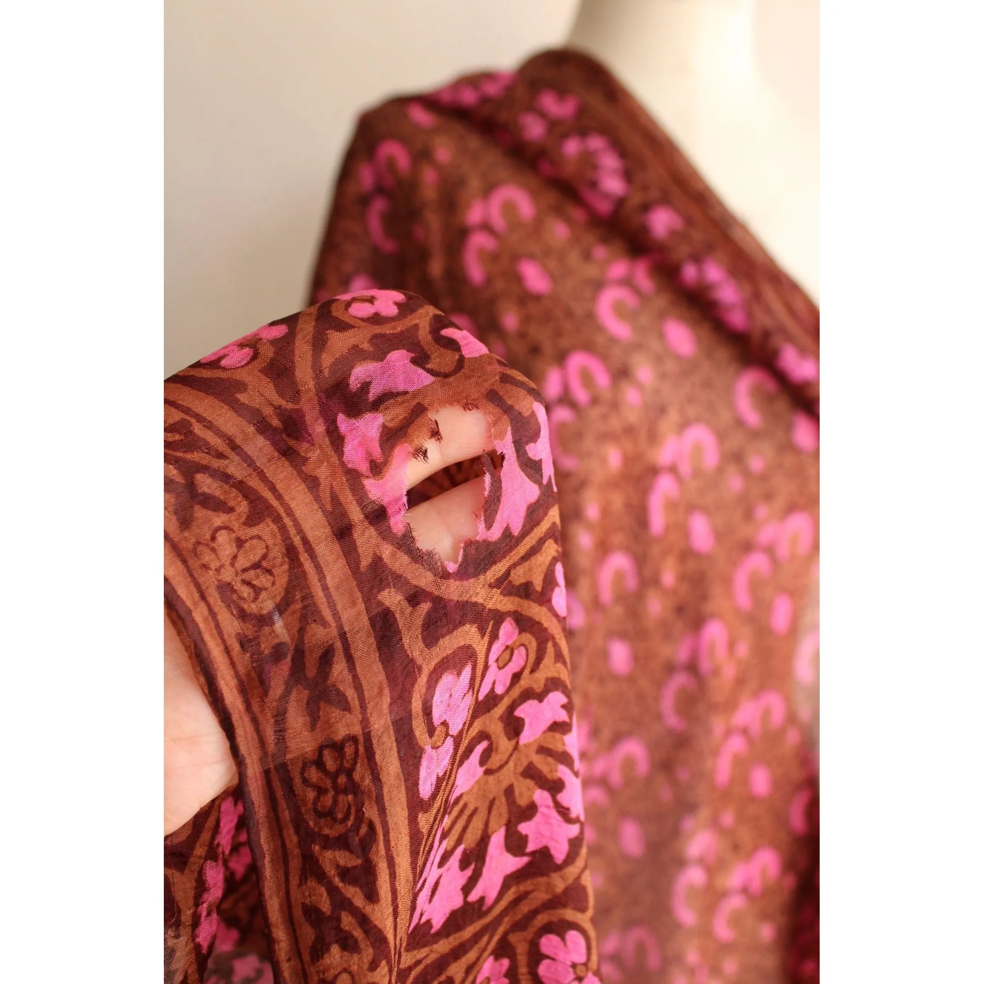 Vintage 1970s 1980s Brown and Pink Silk Scarf