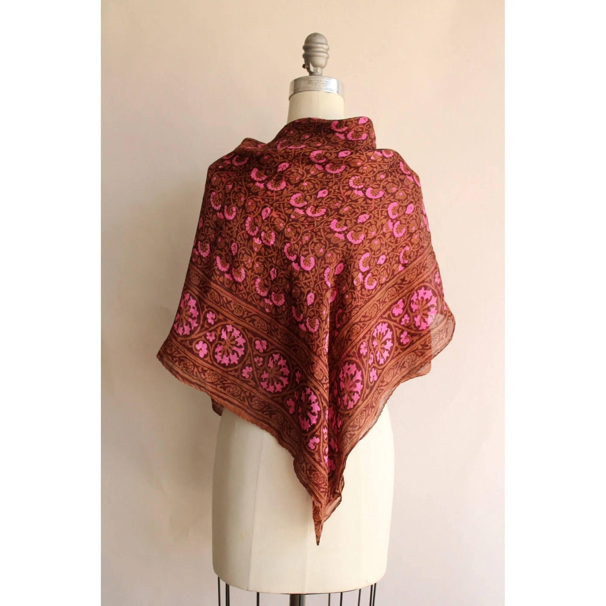 Vintage 1970s 1980s Brown and Pink Silk Scarf