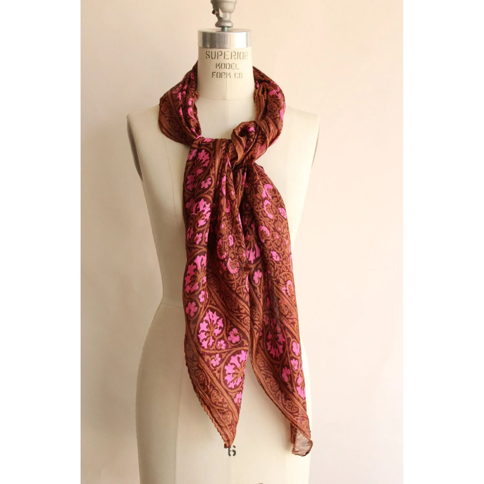 Vintage 1970s 1980s Brown and Pink Silk Scarf