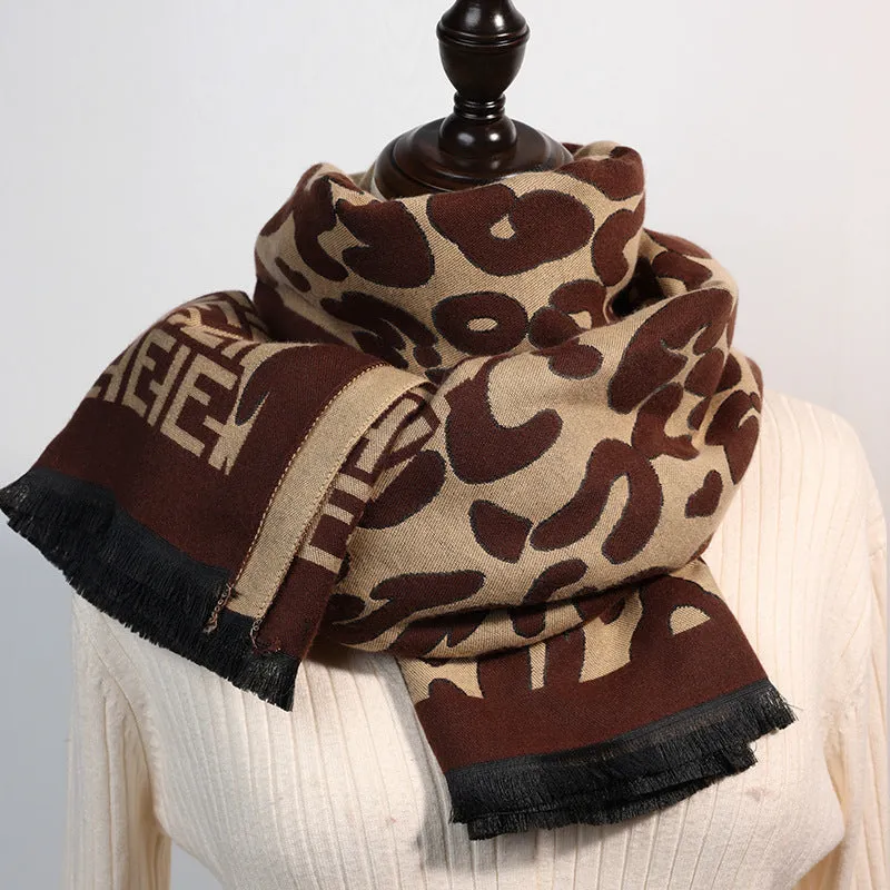 Women's Autumn and Winter Leopard Print Patchwork Scarf Sweet Imitation Cashmere Fashion Shawl