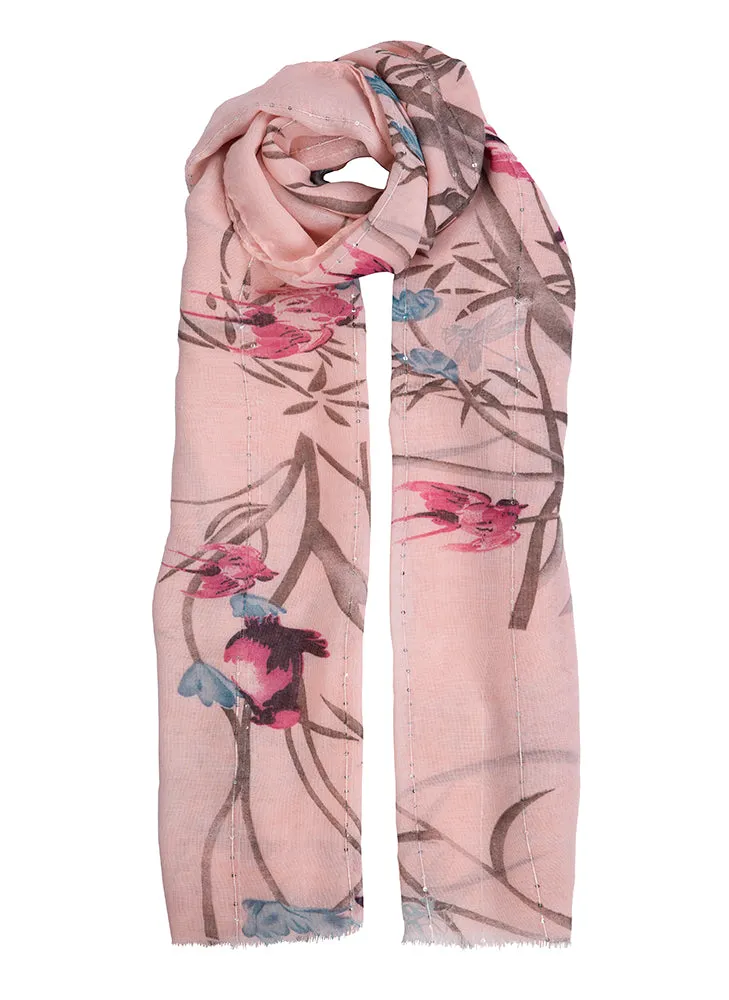 Women's Cherry Blossom and Bird Print Lightweight Scarf